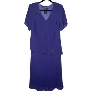 R&K Purple Layered Midi Dress 16W Sequin Floral Embroidery V-Neck Timeless Style